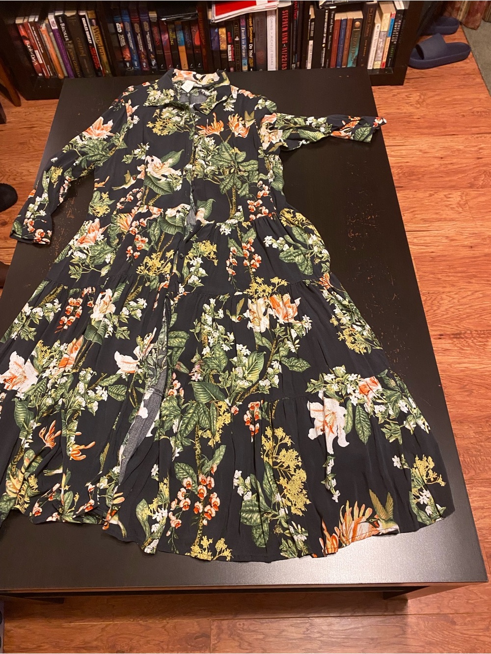 H&M Black Floral Midi Dress with Green and Orange Accents
